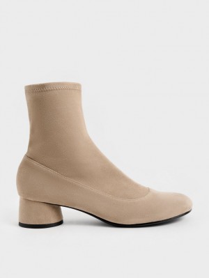 Charles & Keith Textured Stitch-Trim Cylindrical Heel Støvletter Beige | DXUFO1204