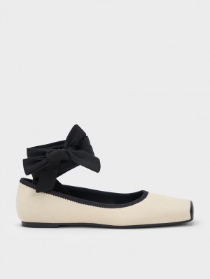 Charles & Keith Tie-Around Canvas Ballerinasko Beige | HYOAB5237