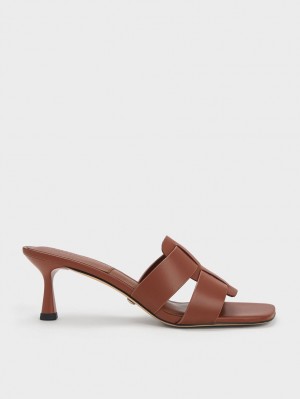 Charles & Keith Trichelle Interwoven Lær Spool Heel Mules Sko Mørke Brune | GMABQ8623