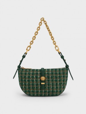 Charles & Keith Trudy Tweed Belted Geometric Skulderveske Mørke Grønn | MPVBG2769