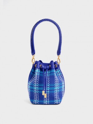 Charles & Keith Tweed Braided-Handle Drawstring Bøtteposer Blå | NYPWD2917