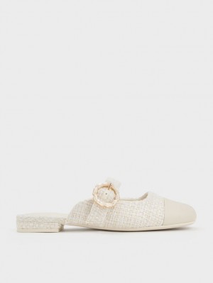 Charles & Keith Tweed Pearl Spenne Mary Jane Mules Sko Hvite | OBQDC7651