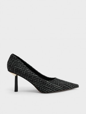 Charles & Keith Tweed Pointed-Tå Cylindrical Heel Pumps Svarte | HOQWV9602