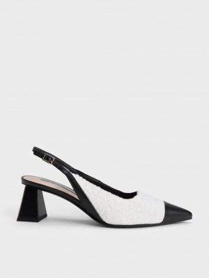 Charles & Keith Tweed Tå Cap Slingback Pumps Hvite | WJNEP3451