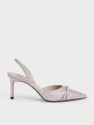 Charles & Keith Twist Detail Glittered Slingback Pumps Sølv | TOJHE2614