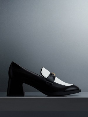 Charles & Keith Two-Tone Metallic Accent Block Heel Loafer Pumps Svarte | DNZOJ2093