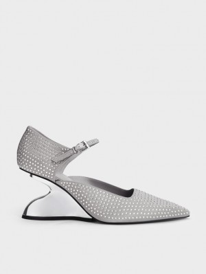 Charles & Keith Zania Gem-Embellished Sculptural D'Orsay Wedge Grå | NZXOG5098