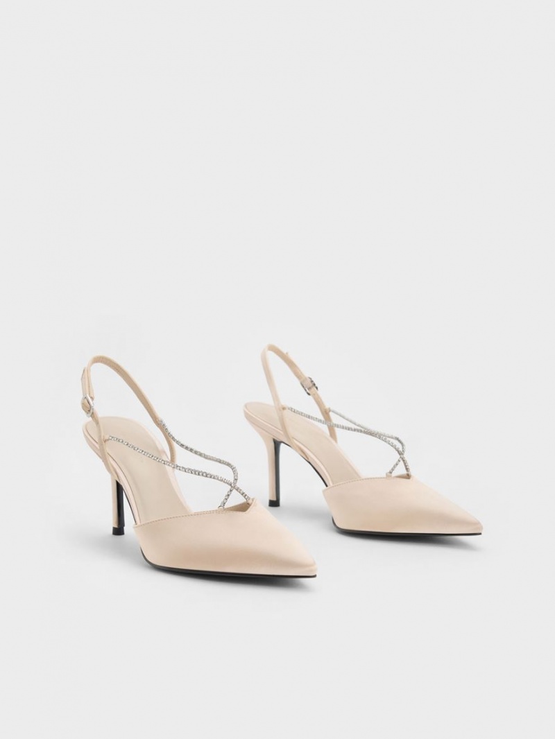 Charles & Keith Adel Recycled Polyester Gem-Reima Slingback Pumps Beige | TFLYD4587