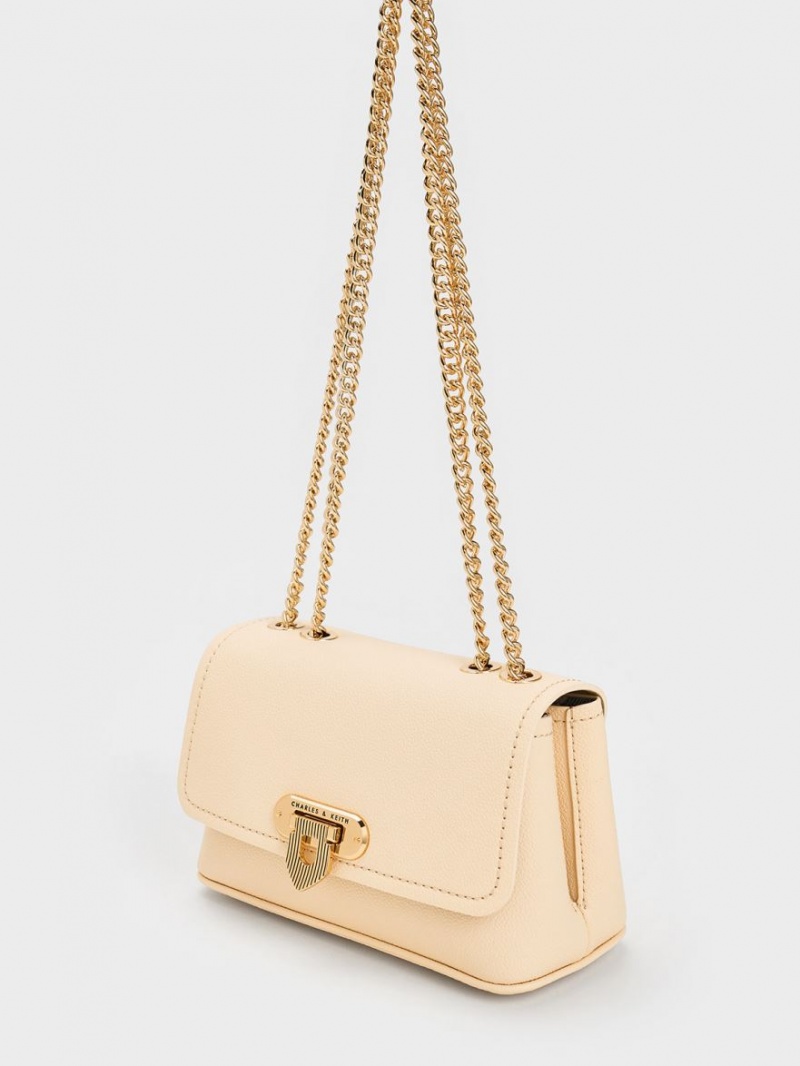 Charles & Keith Alcott Push-Lock Chain Skulderveske Beige | JBHXC6271