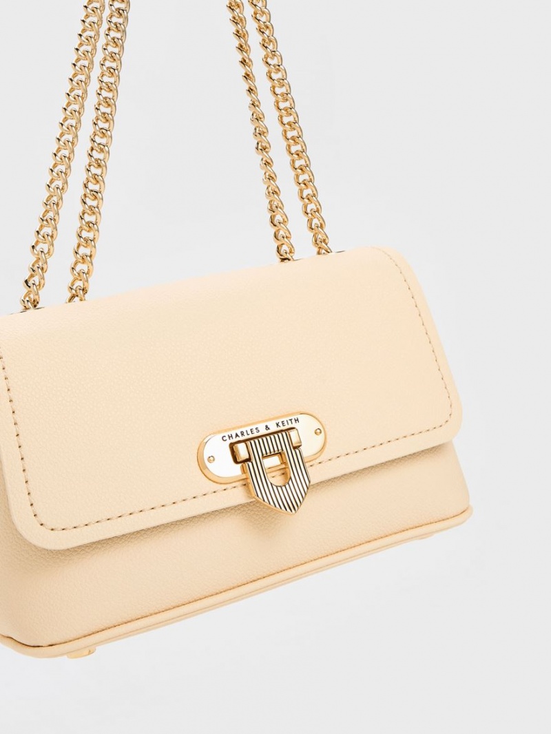 Charles & Keith Alcott Push-Lock Chain Skulderveske Beige | JBHXC6271