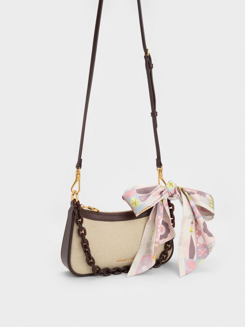 Charles & Keith Alcott Scarf Canvas Tote Veske Mørke Brune | ZWCMX0572