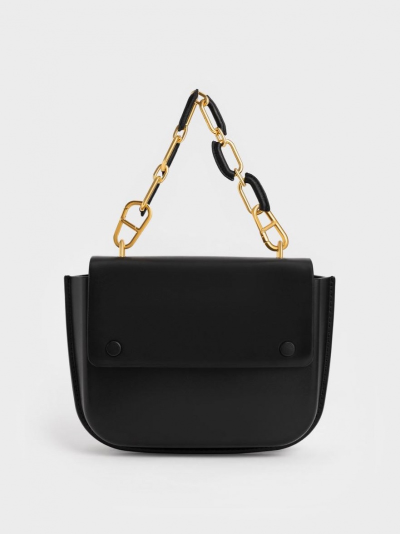 Charles & Keith Amber Chain Handle Push-Lock Håndveske Svarte | XKBLU8542