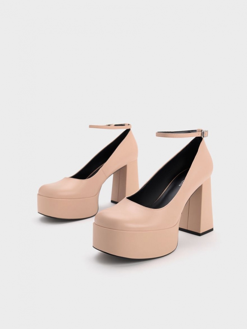 Charles & Keith Ankle-Reima Platform Pumps Beige | SQXGB4569