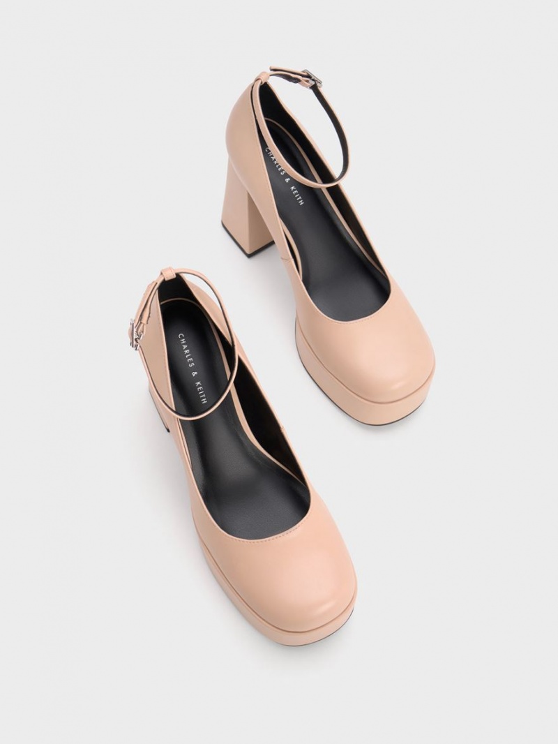 Charles & Keith Ankle-Reima Platform Pumps Beige | SQXGB4569