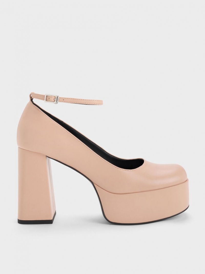 Charles & Keith Ankle-Reima Platform Pumps Beige | SQXGB4569