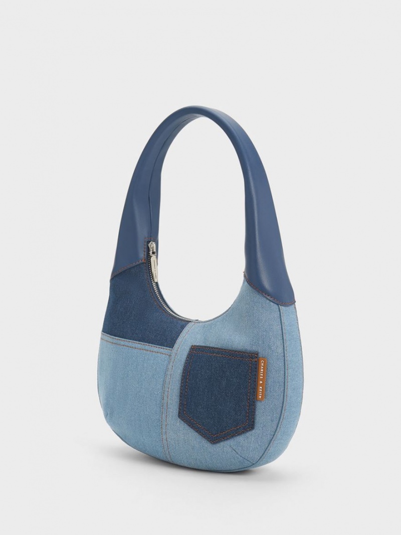 Charles & Keith Anthea Denim Contrast-Trim Curved Hobo Veske Blå | DSKZM2561