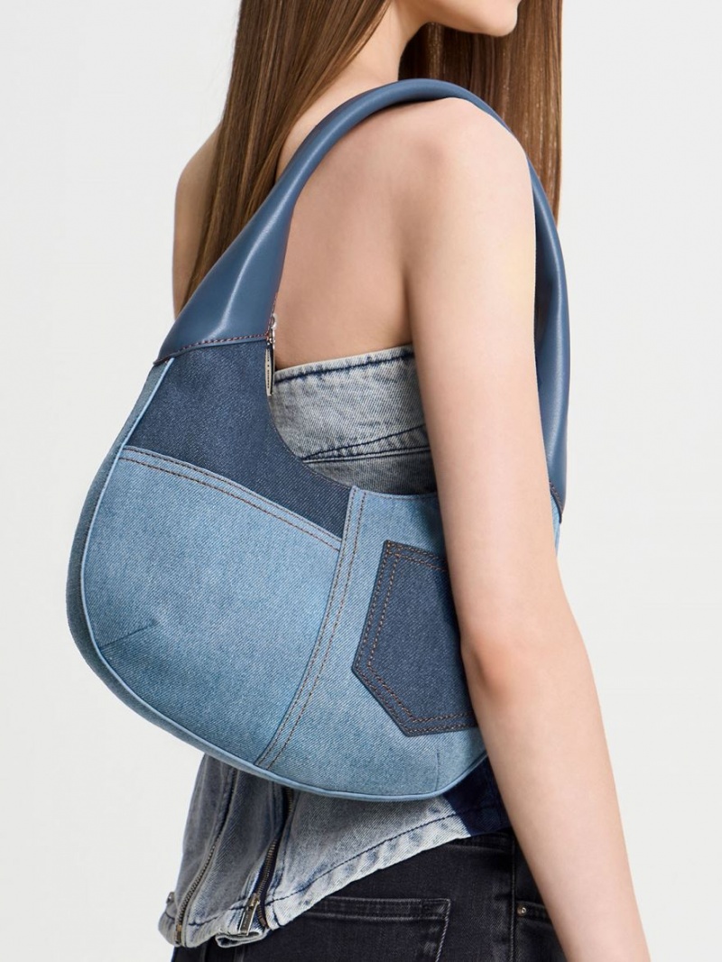 Charles & Keith Anthea Denim Contrast-Trim Curved Hobo Veske Blå | DSKZM2561