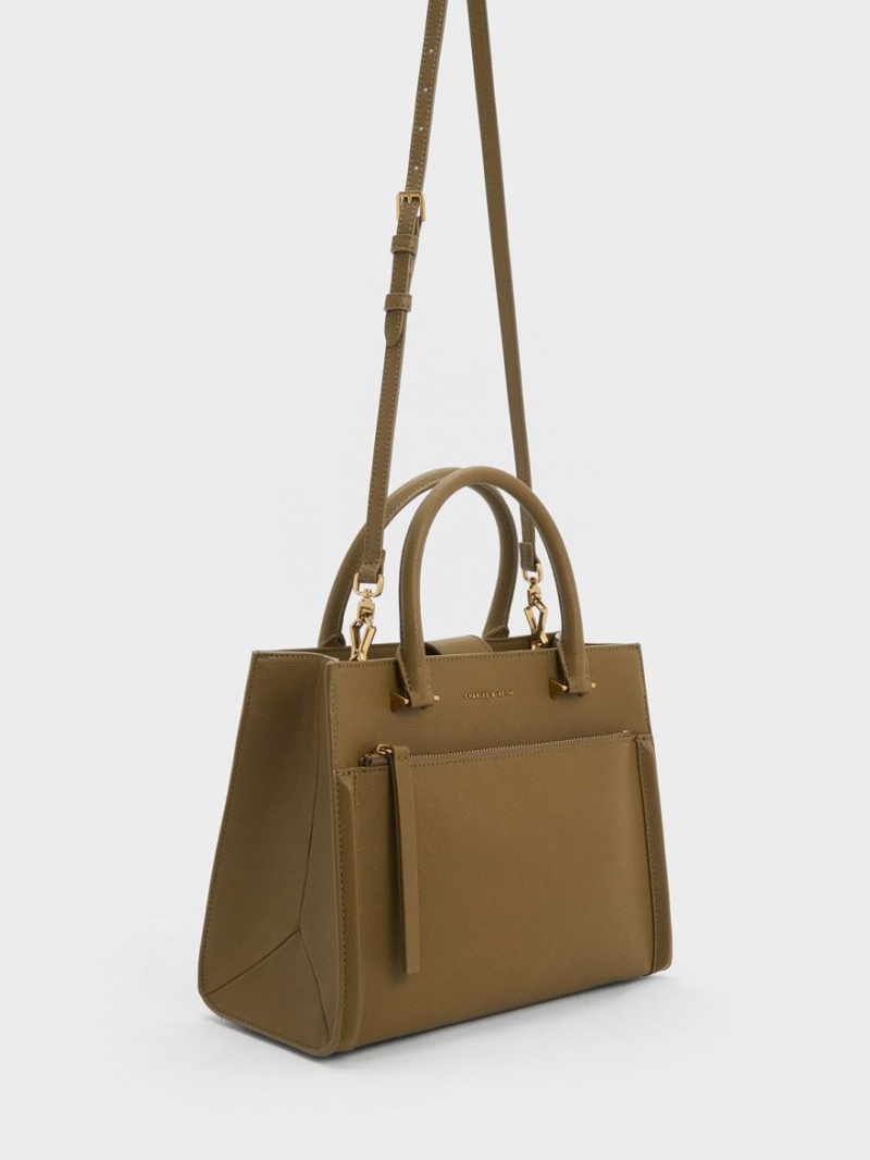 Charles & Keith Anwen Structured Tote Veske Khaki | FHUKP3641