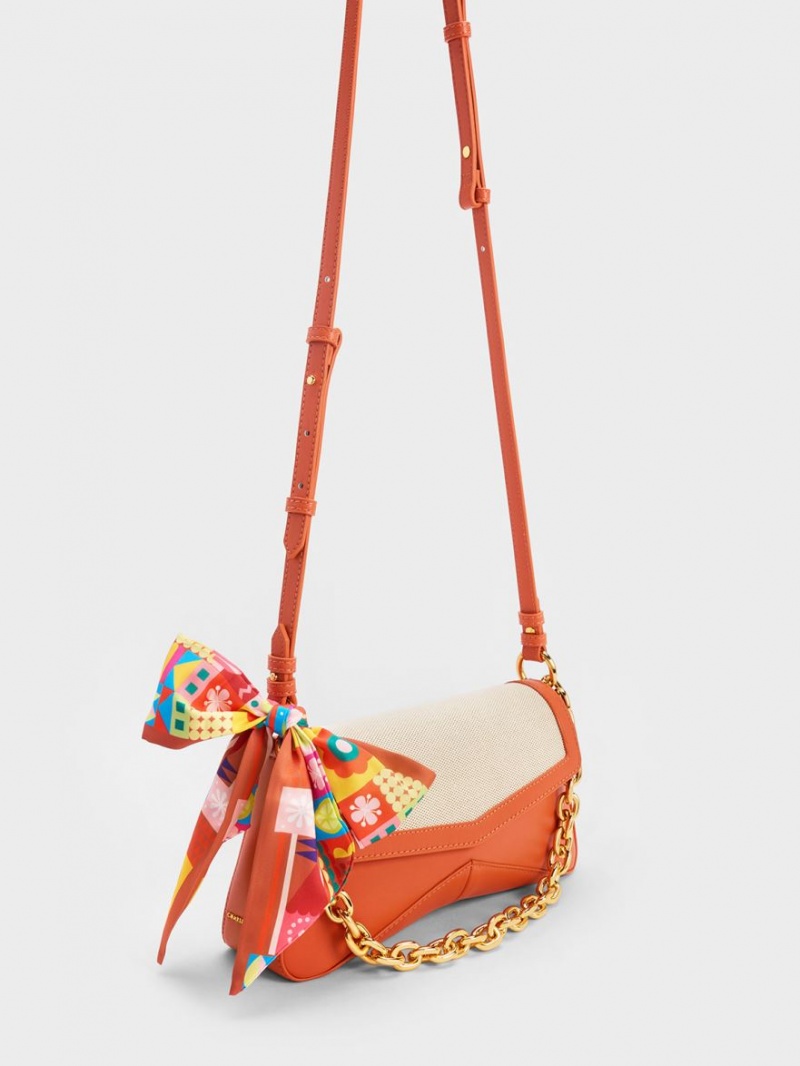 Charles & Keith Arley Canvas Chain-Link Trapeze Skulderveske Oransje | HIDQO2785