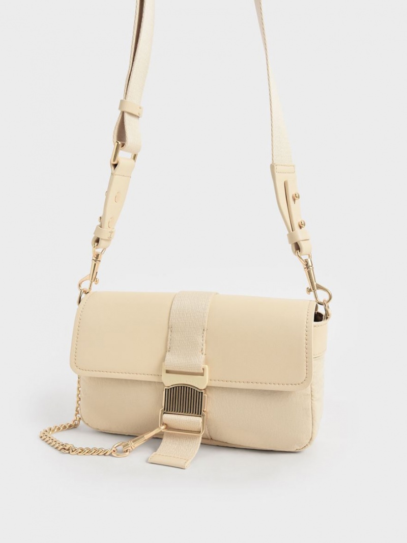 Charles & Keith Aspen Metallic Belt Spenne Skulderveske Beige | SXYJB5217