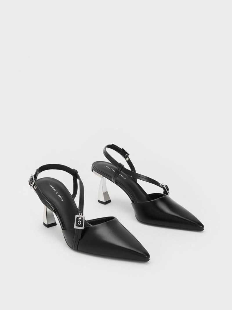 Charles & Keith Asymmetric Curved Heel Slingback Pumps Svarte | HRILD6510