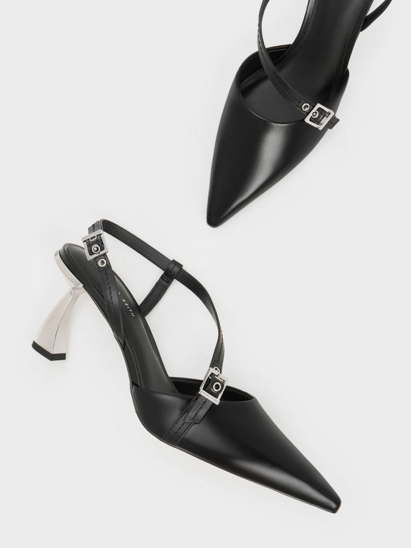 Charles & Keith Asymmetric Curved Heel Slingback Pumps Svarte | HRILD6510