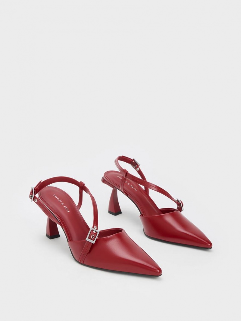 Charles & Keith Asymmetric Curved Heel Slingback Pumps Rød | YGCWI5269