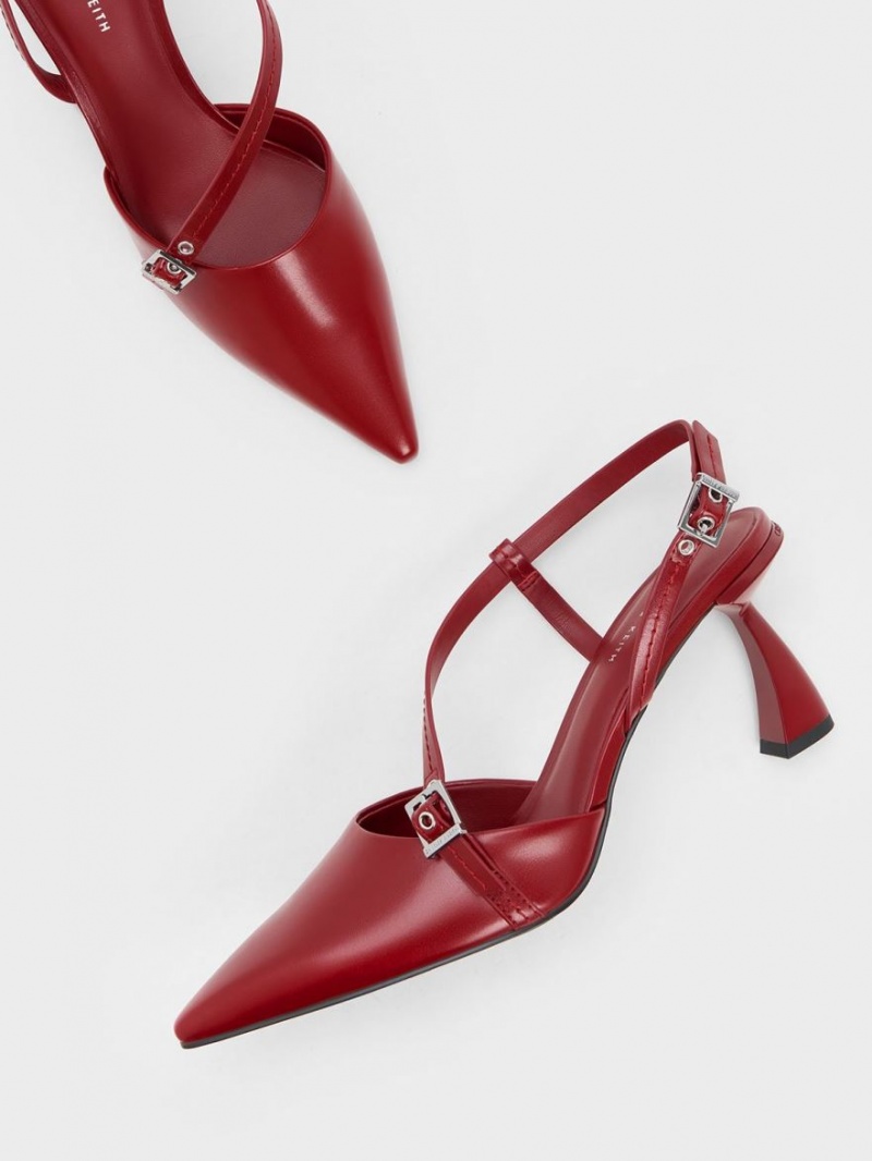 Charles & Keith Asymmetric Curved Heel Slingback Pumps Rød | YGCWI5269