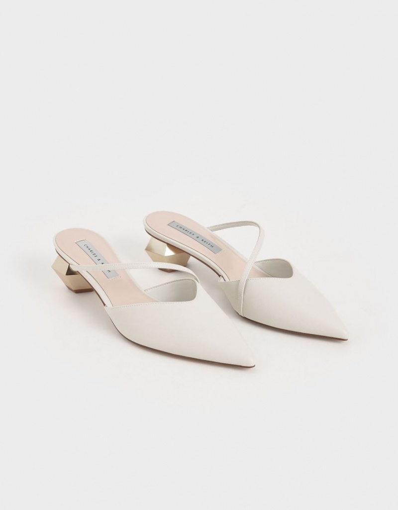 Charles & Keith Asymmetric Reima Chrome Heel Mules Sko Hvite | CIWEP8703