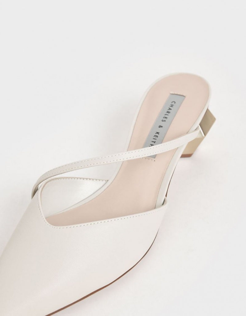 Charles & Keith Asymmetric Reima Chrome Heel Mules Sko Hvite | CIWEP8703