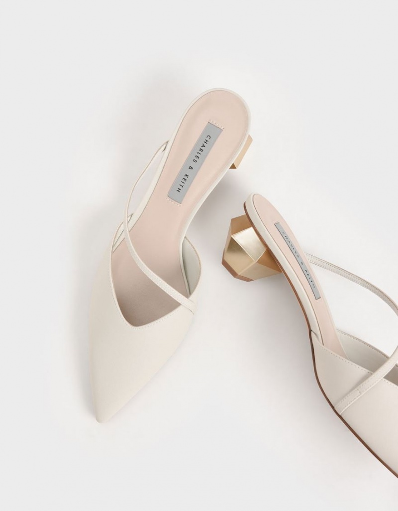 Charles & Keith Asymmetric Reima Chrome Heel Mules Sko Hvite | CIWEP8703