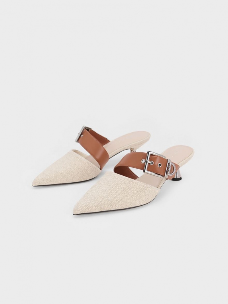 Charles & Keith Asymmetric Spenne Linen Hælene Mules Sko Beige | PIFTM9058