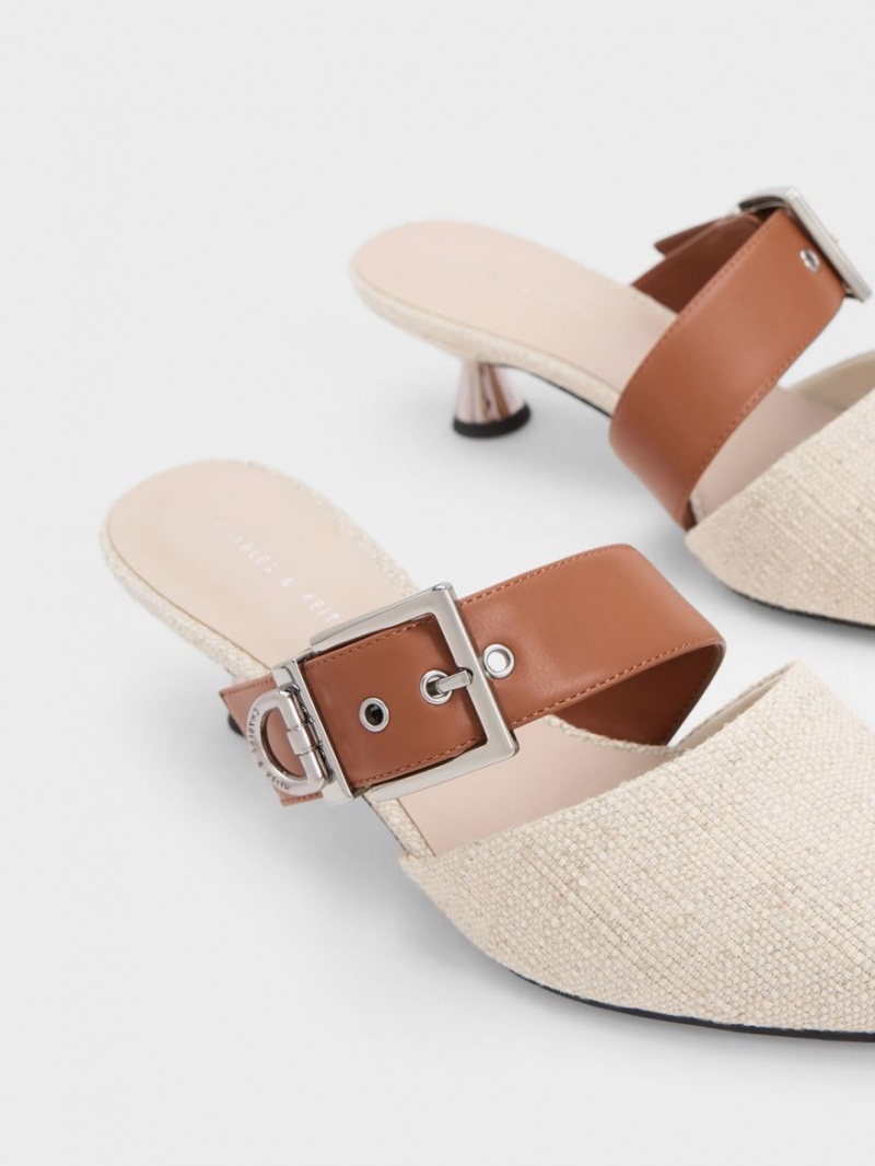 Charles & Keith Asymmetric Spenne Linen Hælene Mules Sko Beige | PIFTM9058