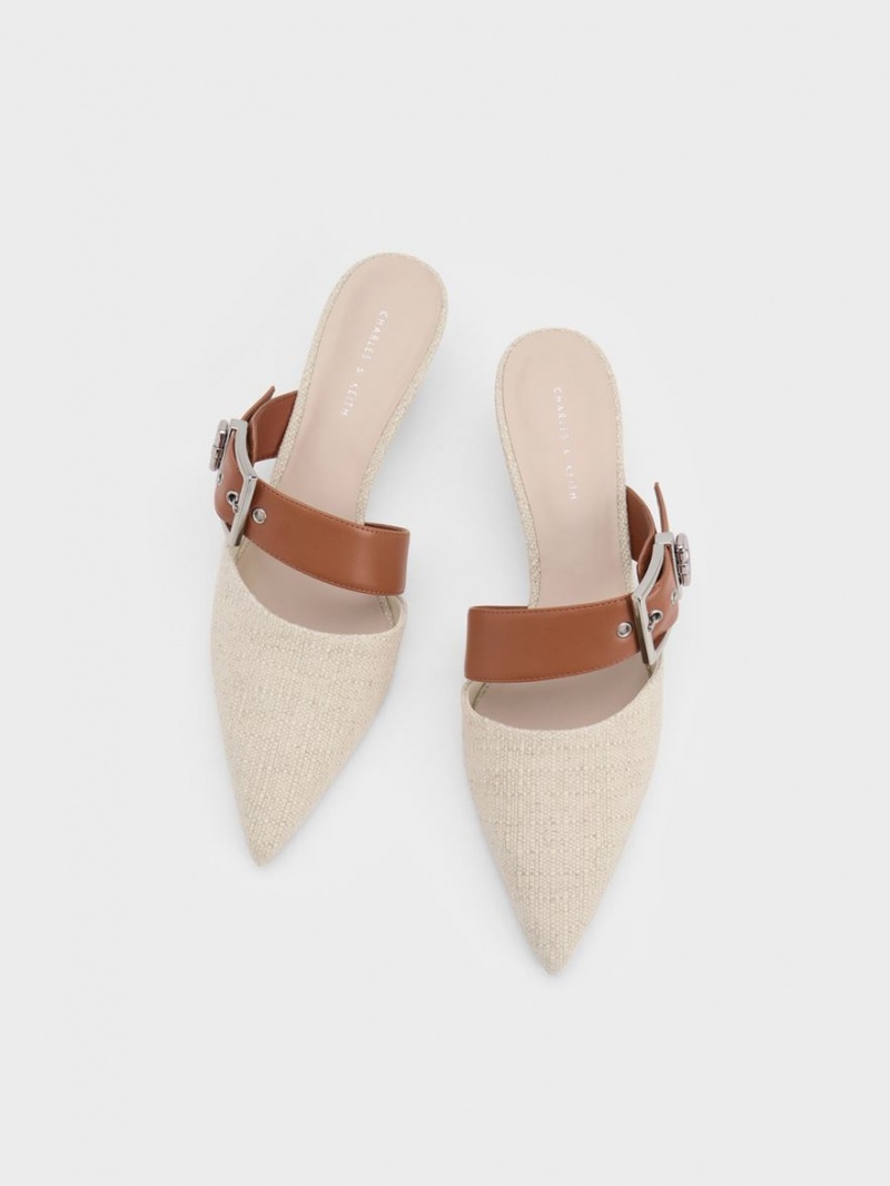 Charles & Keith Asymmetric Spenne Linen Hælene Mules Sko Beige | PIFTM9058