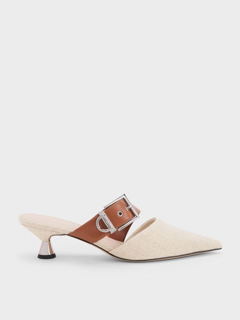 Charles & Keith Asymmetric Spenne Linen Hælene Mules Sko Beige | PIFTM9058