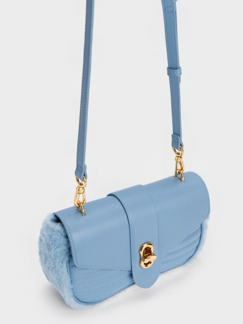 Charles & Keith Aubrielle Fur-Trim Panelled Crossbody Veske Lyse Blå | MJOSE7341