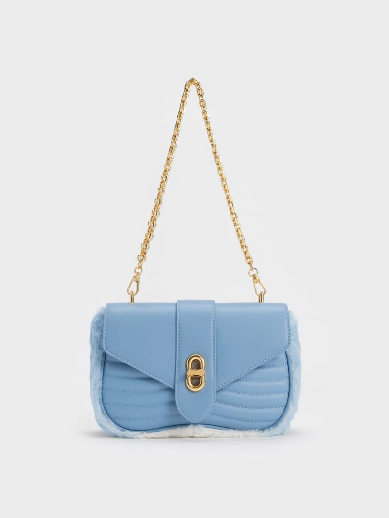 Charles & Keith Aubrielle Fur-Trim Panelled Crossbody Veske Lyse Blå | MJOSE7341