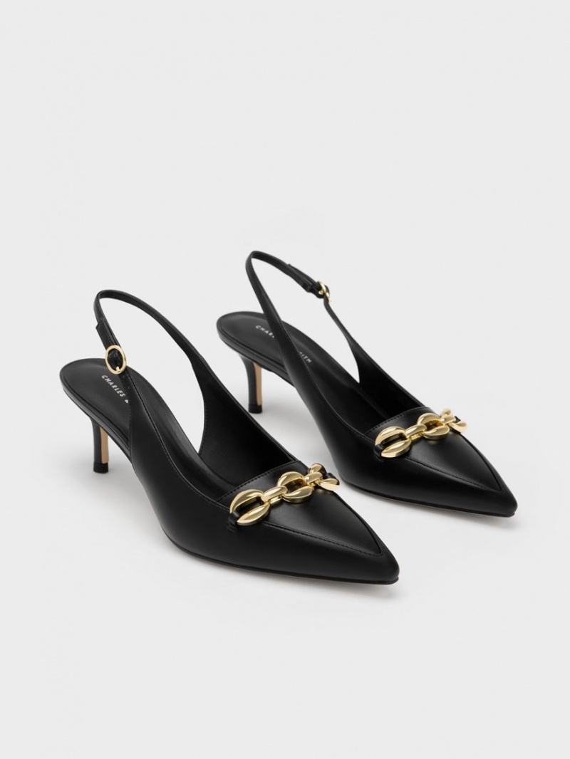 Charles & Keith Avani Chunky Chain-Embellished Slingback Pumps Svarte | XMSJP6437