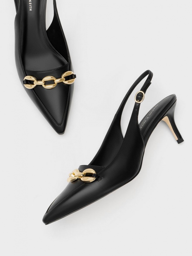 Charles & Keith Avani Chunky Chain-Embellished Slingback Pumps Svarte | XMSJP6437