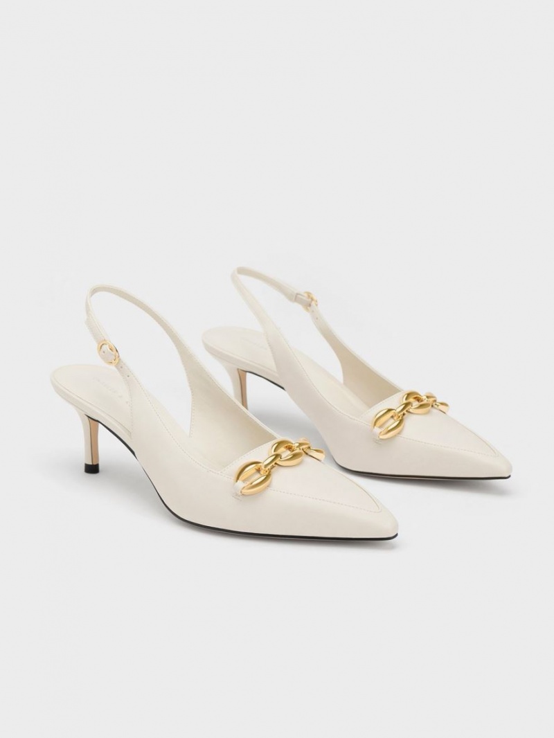 Charles & Keith Avani Chunky Chain-Embellished Slingback Pumps Hvite | NYZFT2859