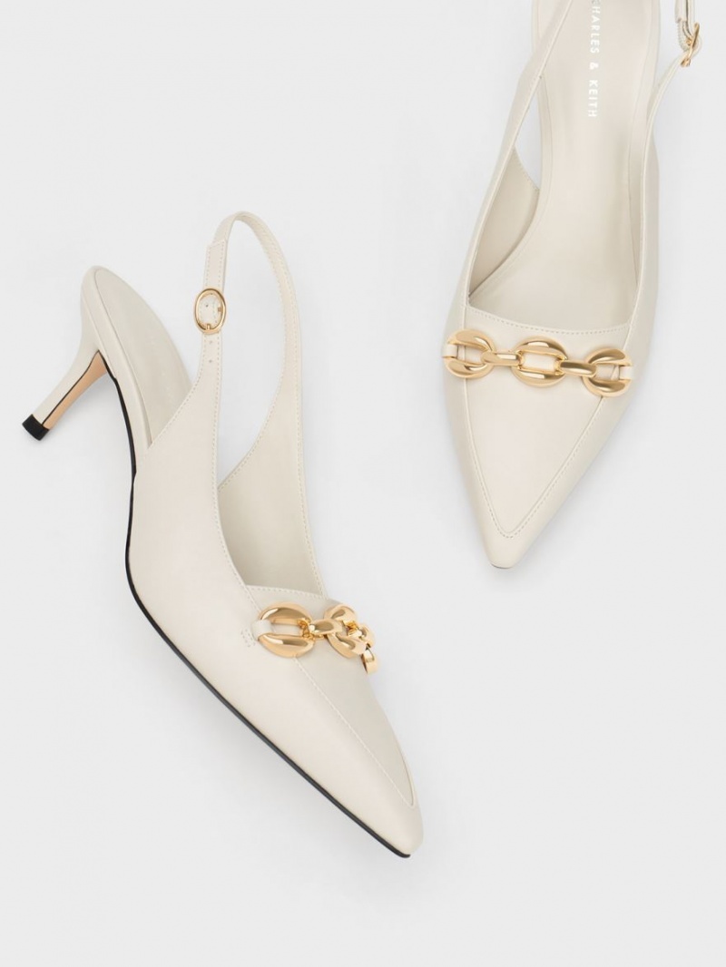 Charles & Keith Avani Chunky Chain-Embellished Slingback Pumps Hvite | NYZFT2859