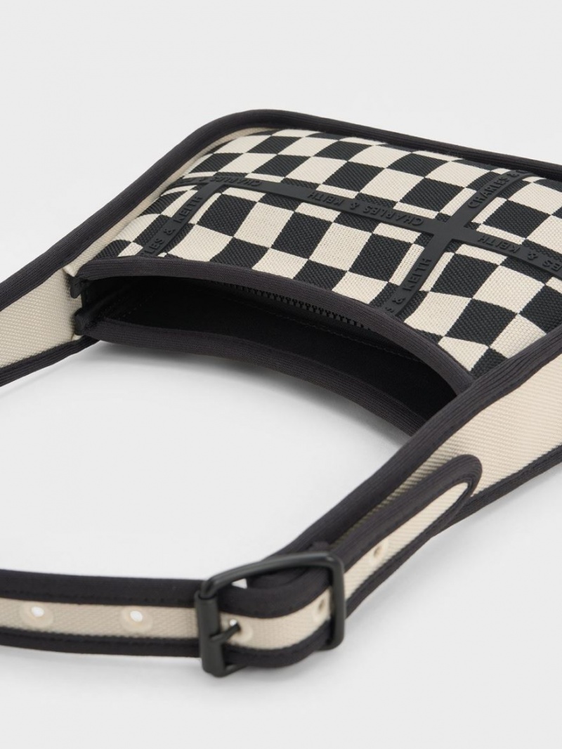 Charles & Keith Avenue Checkered Trapeze Skulderveske Svarte | MIVWJ8349