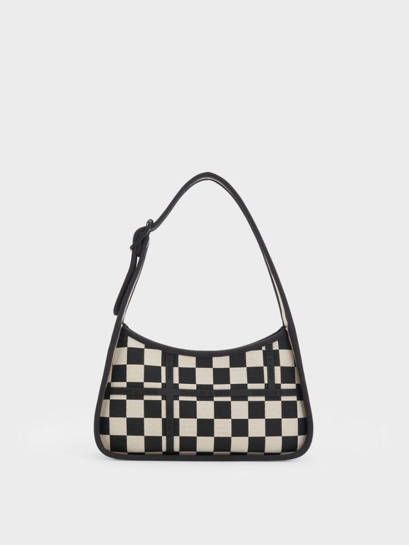 Charles & Keith Avenue Checkered Trapeze Skulderveske Svarte | MIVWJ8349