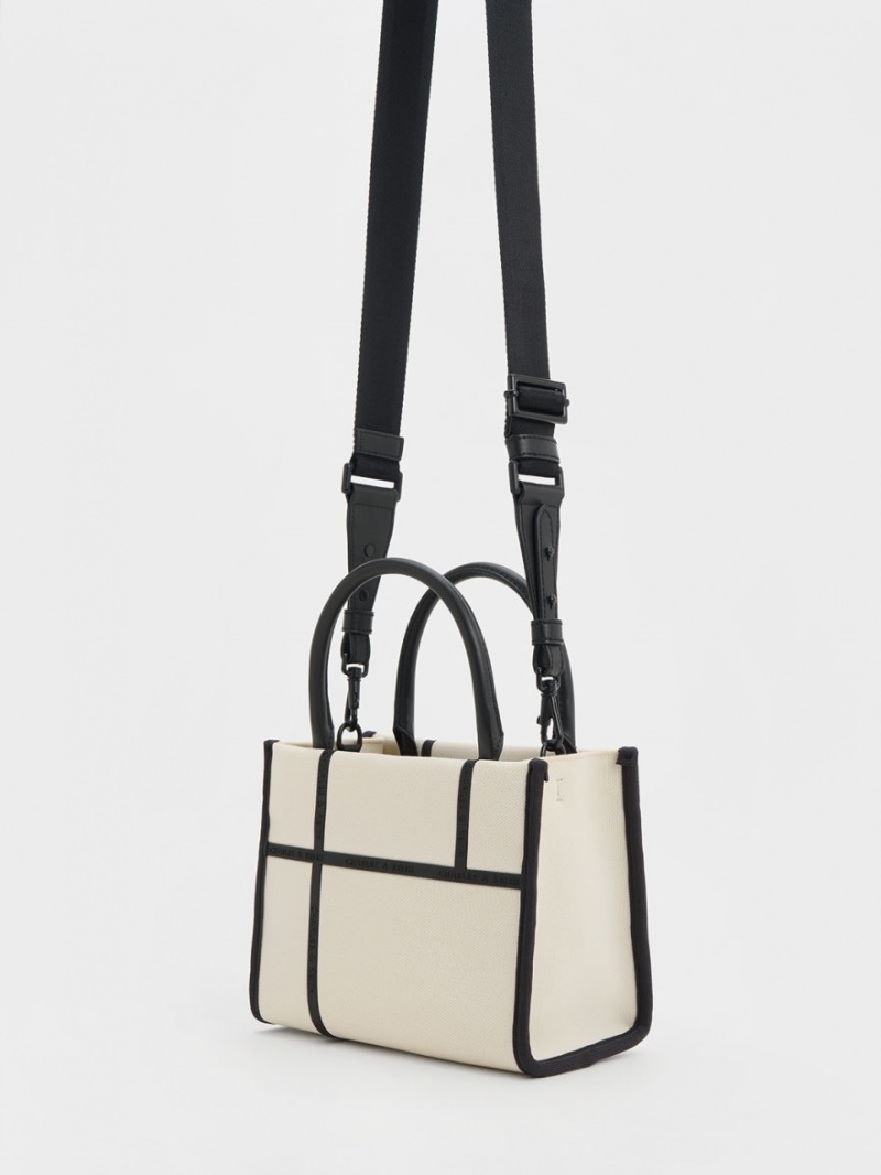 Charles & Keith Avenue Contrast-Trim Tote Veske Pisket Krem | FXZLH4839