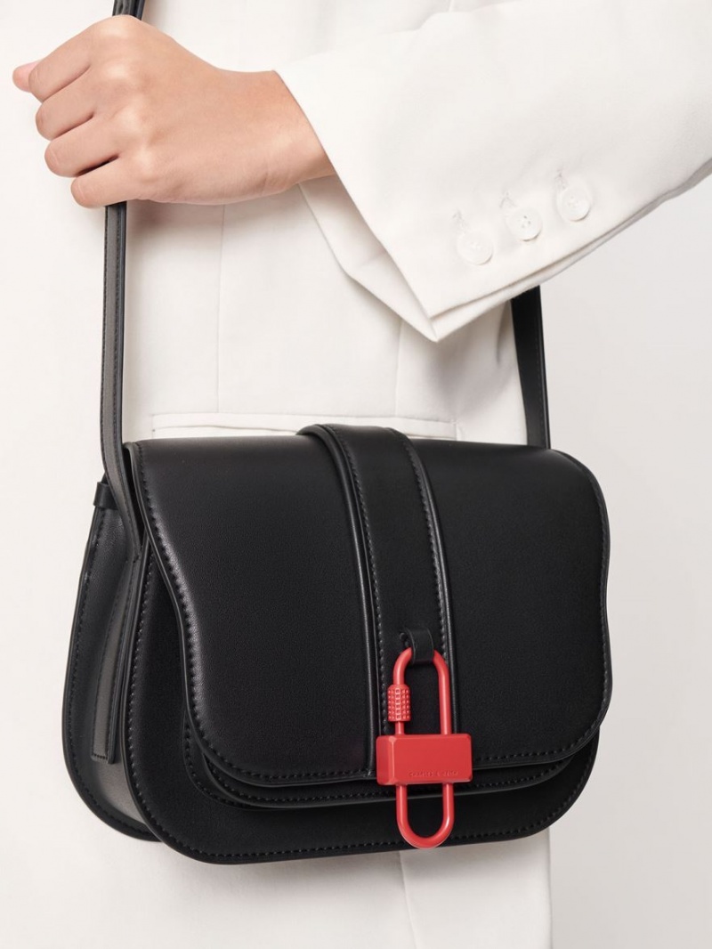 Charles & Keith Balta Padlock Crossbody Veske Svarte | PAYXM4316