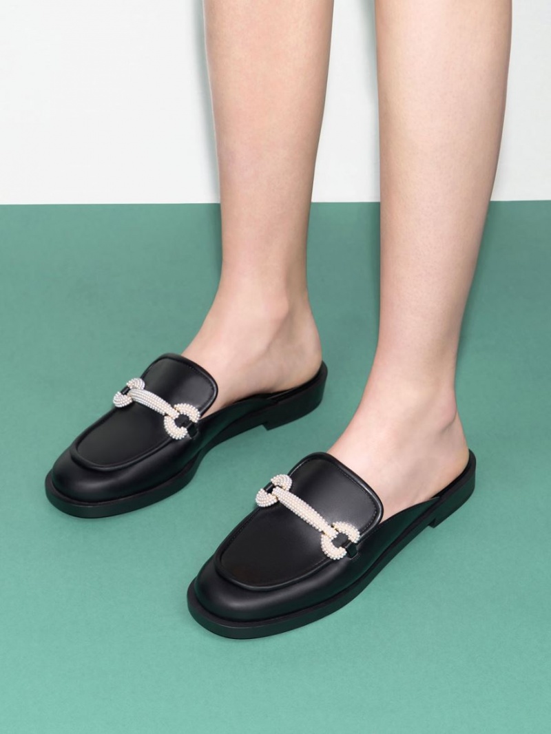 Charles & Keith Beaded Accent Loafer Mules Sko Svarte | AQBEM8320