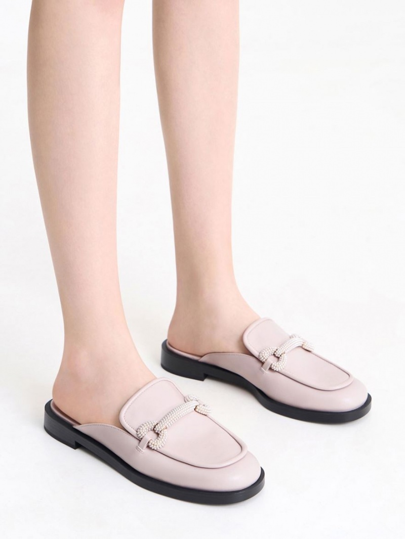 Charles & Keith Beaded Accent Loafer Mules Sko Rosa | DHYQK8579