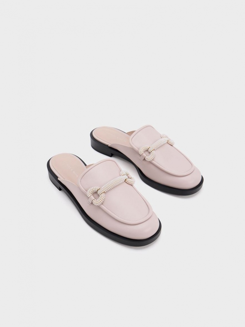 Charles & Keith Beaded Accent Loafer Mules Sko Rosa | DHYQK8579