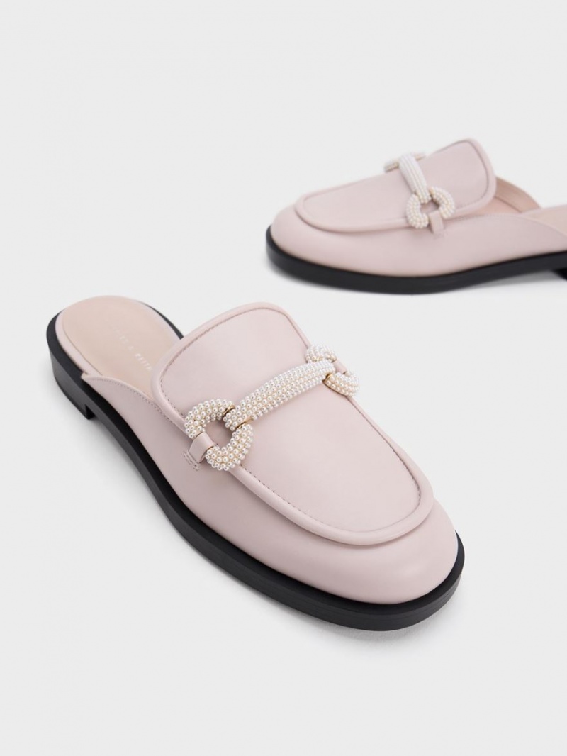 Charles & Keith Beaded Accent Loafer Mules Sko Rosa | DHYQK8579