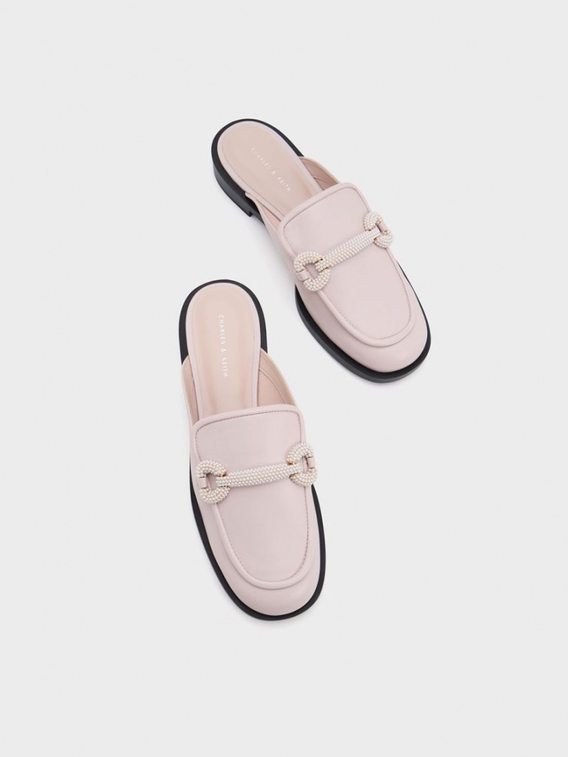 Charles & Keith Beaded Accent Loafer Mules Sko Rosa | DHYQK8579